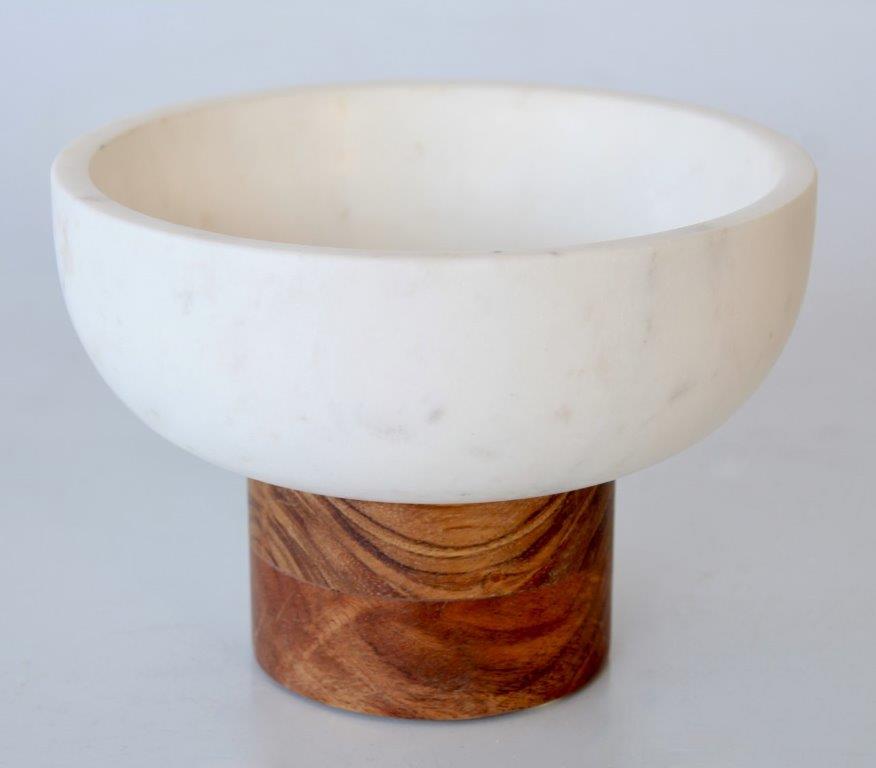 Large White Marble Bowl Wooden Base